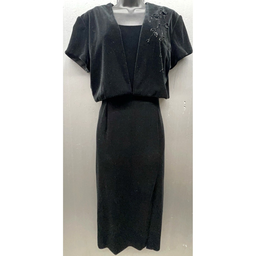 Vtg Velvet Dress Sz‎ 6 Black Sleeveless Cropped Jacket Beaded Slit Sexy Elegant